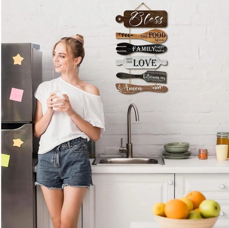Al Raied ARS Rustic Wooden Kitchen Utensils Wall Hanging Plaque - Bless the Food Before Us Family Sign Decor - Image 3