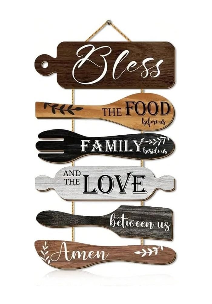 Al Raied ARS Rustic Wooden Kitchen Utensils Wall Hanging Plaque - Bless the Food Before Us Family Sign Decor - Image 1