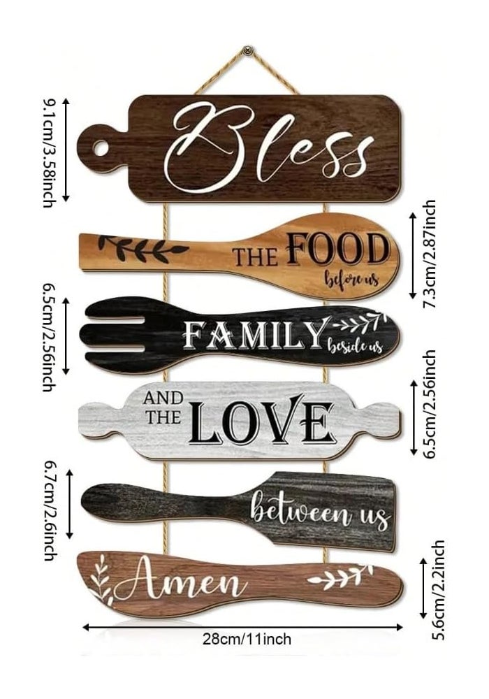 Al Raied ARS Rustic Wooden Kitchen Utensils Wall Hanging Plaque - Bless the Food Before Us Family Sign Decor - Image 2