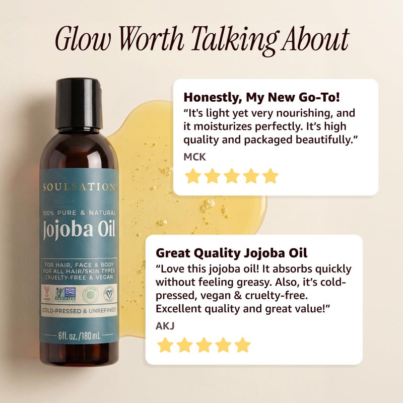 SOULSATION Pure Jojoba Oil for Skin, Hair, Face & Body â€“ 100% Natural, Cold Pressed, Unrefined | Non-GMO, EWG Verified, Cruelty-Free, Vegan Moisturizing Oil for Dry Skin, Scalp & Beard 6oz - Image 5