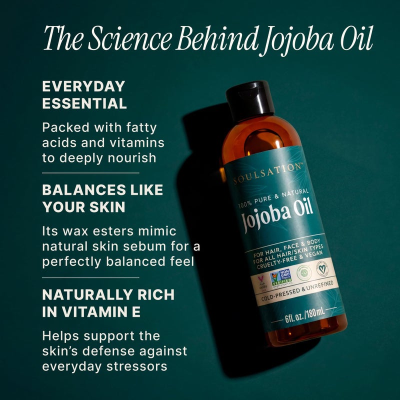 SOULSATION Pure Jojoba Oil for Skin, Hair, Face & Body â€“ 100% Natural, Cold Pressed, Unrefined | Non-GMO, EWG Verified, Cruelty-Free, Vegan Moisturizing Oil for Dry Skin, Scalp & Beard 6oz - Image 2
