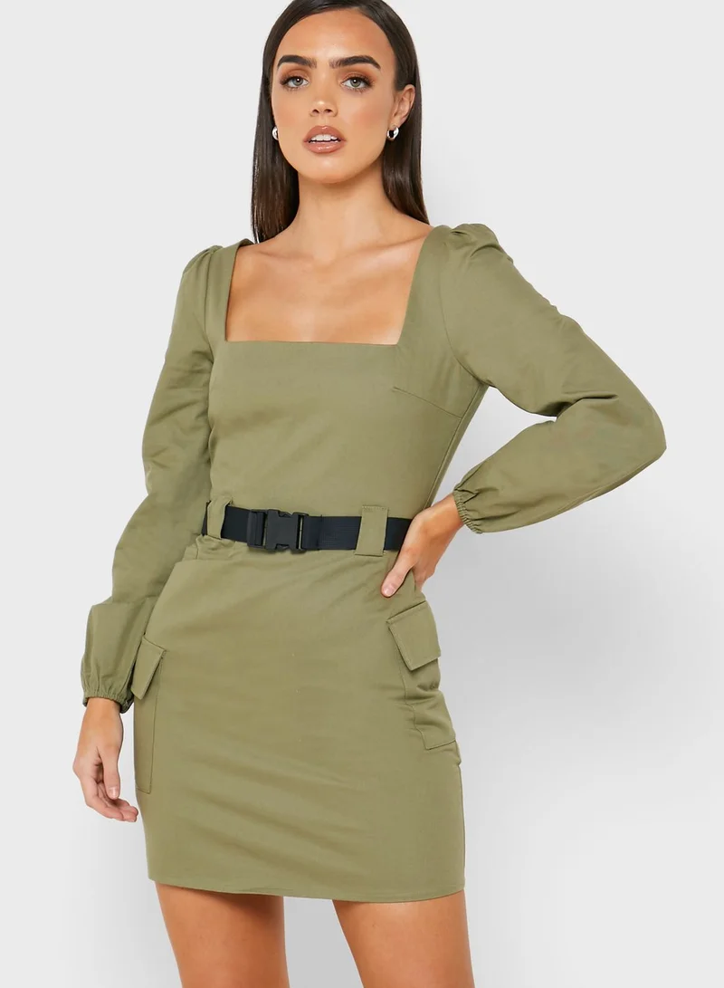 Missguided Square Neck Belted Dress