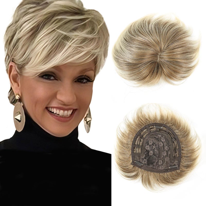 QUEENTAS Hair Topper for Women with Thinning Hair 6.5"*6" Fluffy Hair Pieces Breathable Heat Resistant Synthetic Hair Short Wiglets with 5 Clips 360Â°3D Cover Up (Blonde Mixed Brown) - Image 1