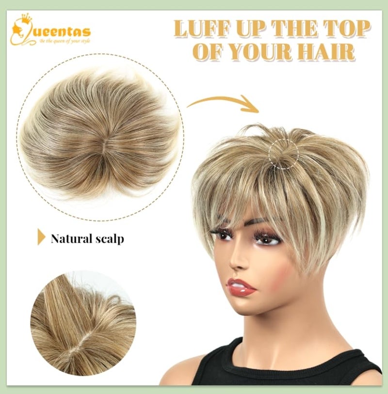 QUEENTAS Hair Topper for Women with Thinning Hair 6.5"*6" Fluffy Hair Pieces Breathable Heat Resistant Synthetic Hair Short Wiglets with 5 Clips 360Â°3D Cover Up (Blonde Mixed Brown) - Image 5