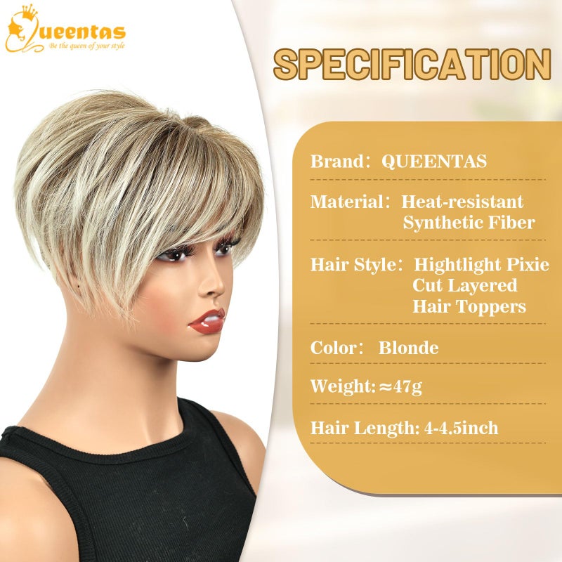 QUEENTAS Hair Topper for Women with Thinning Hair 6.5"*6" Fluffy Hair Pieces Breathable Heat Resistant Synthetic Hair Short Wiglets with 5 Clips 360Â°3D Cover Up (Blonde Mixed Brown) - Image 2