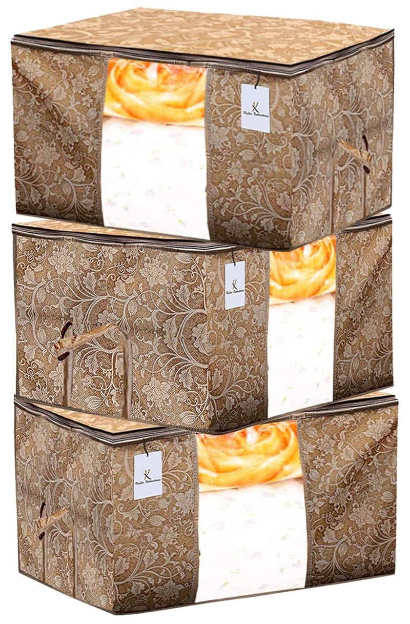 Kuber Industries Metalic Printed 3 Pieces Non Woven Fabric Underbed Storage Bag Cloth Organiser Blanket Cover with Transparent Window BeigeKUBMART2908 - Image 1
