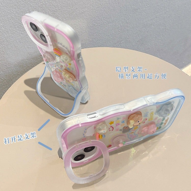Transparent Silicone Phone Case with Cartoon Charm Chain and Dual Stand - Image 3