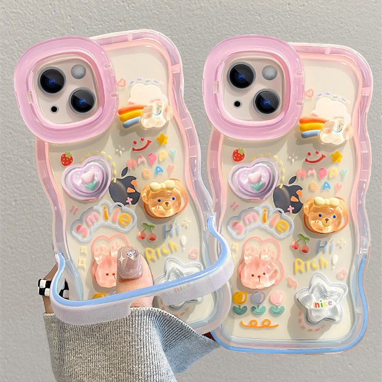 Transparent Silicone Phone Case with Cartoon Charm Chain and Dual Stand - Image 4
