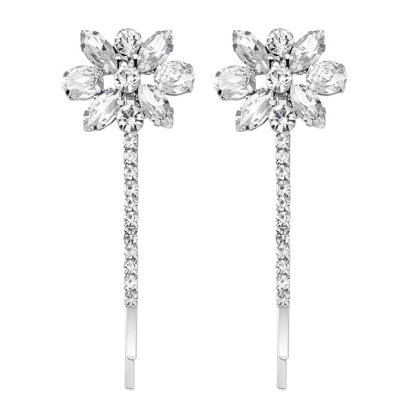 Lurrose Crystal Flower Hair Pins Elegant Rhinestone Floral Bobby Pins Bridal Hair Clip for Women Silver