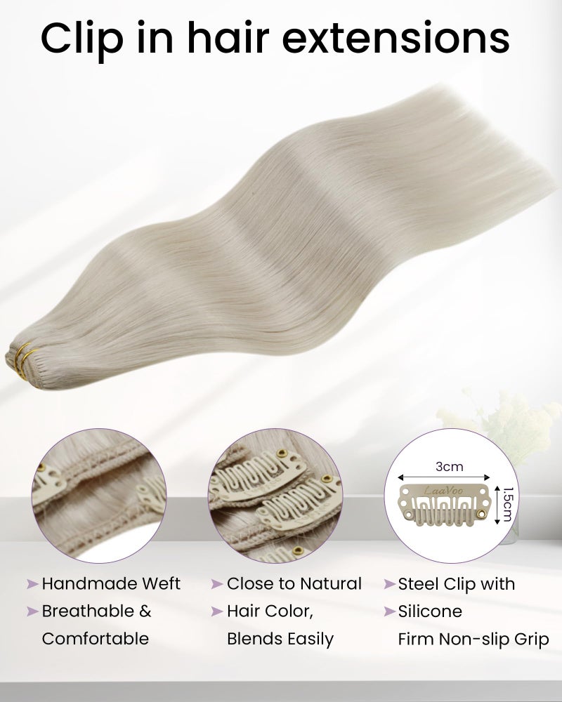 LaaVoo Platinum Blonde Clip in Hair Extensions Real Human Hair White Blonde Human Hair Clip in Extensions 20 Inch 5pcs 80g - Image 3