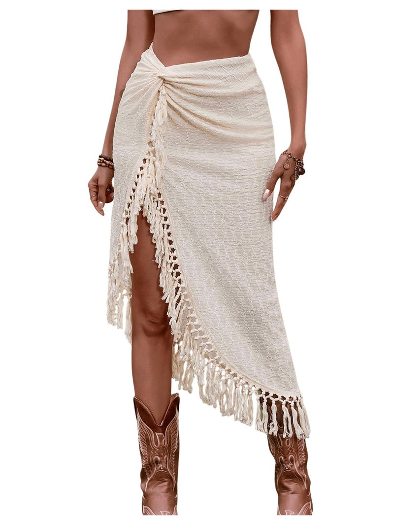 SHENHE Women's Twist Front High Slit Fringe Skirt Asymmetrical Tassel Boho Midi Skirt Apricot Small - Image 1