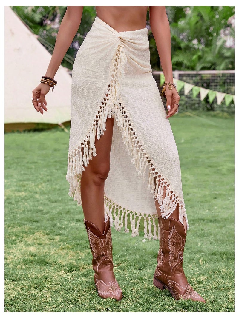 SHENHE Women's Twist Front High Slit Fringe Skirt Asymmetrical Tassel Boho Midi Skirt Apricot Small - Image 5