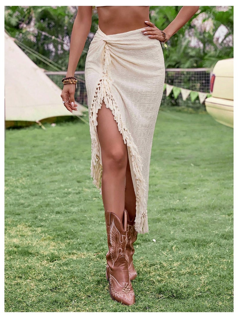 SHENHE Women's Twist Front High Slit Fringe Skirt Asymmetrical Tassel Boho Midi Skirt Apricot Small - Image 3