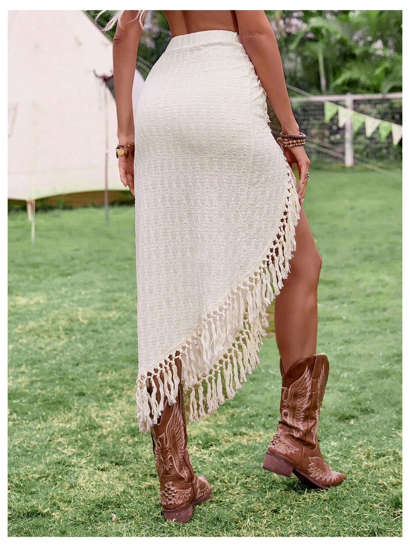 SHENHE Women's Twist Front High Slit Fringe Skirt Asymmetrical Tassel Boho Midi Skirt Apricot Small - Image 2