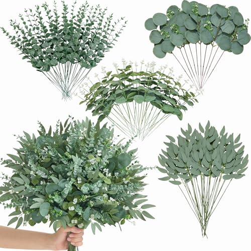Alecono 100pcs Mixed Eucalyptus Leaves Stems Bulk 4 Kinds Artificial Greenery Stems Faux Sliver Dollar Fake Greenery for Centerpieces Wedding DIY Bouquets Floral Arrangement Party Decor - Image 1