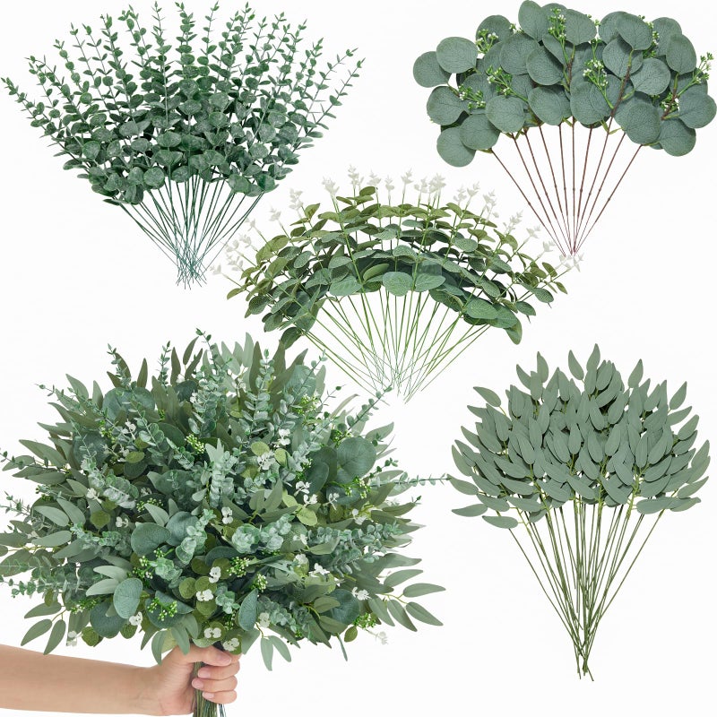 Alecono 100pcs Mixed Eucalyptus Leaves Stems Bulk 4 Kinds Artificial Greenery Stems Faux Sliver Dollar Fake Greenery for Centerpieces Wedding DIY Bouquets Floral Arrangement Party Decor - Image 2