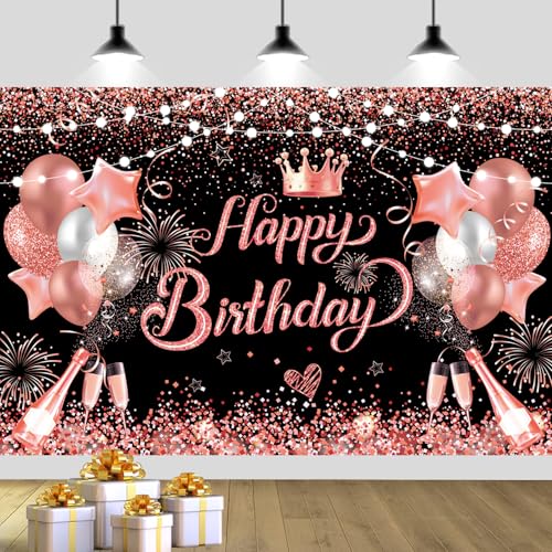 YinQin 180x120 cm Glitter Rose Golden Happy Birthday Party Photography Backdrops Cloth 71x47 inch Pink Golden Bday Backgrounds Black Rose Gold Happy Birthday Sign Banner Decorations for Girl Women - Image 1