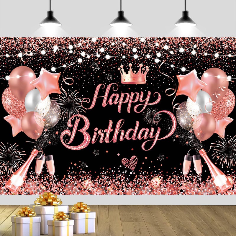 YinQin 180x120 cm Glitter Rose Golden Happy Birthday Party Photography Backdrops Cloth 71x47 inch Pink Golden Bday Backgrounds Black Rose Gold Happy Birthday Sign Banner Decorations for Girl Women - Image 2