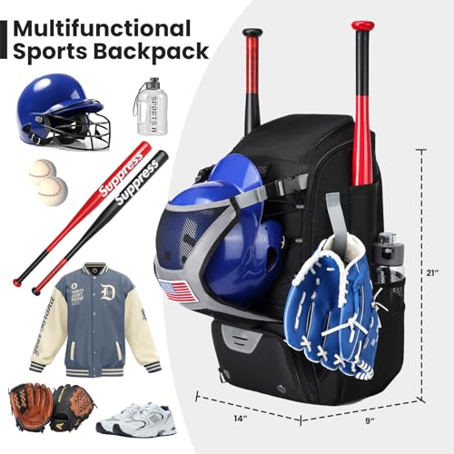 GOTECH Softball Bat Bag for Youth & Adults, Baseball Equipment Backpack with Fence Hook & Shoe Compartment, Large Main Compartment for Helmet - Black - Image 2