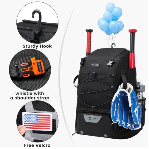 GOTECH Softball Bat Bag for Youth & Adults, Baseball Equipment Backpack with Fence Hook & Shoe Compartment, Large Main Compartment for Helmet - Black - Image 3