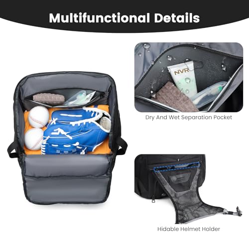 GOTECH Softball Bat Bag for Youth & Adults, Baseball Equipment Backpack with Fence Hook & Shoe Compartment, Large Main Compartment for Helmet - Black - Image 5