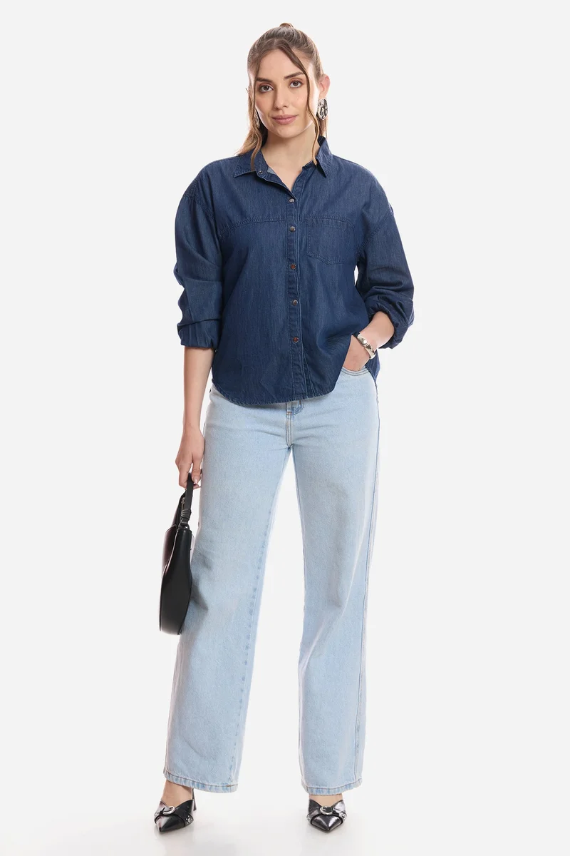 فيرجيو Solid Cotton Double Placket Denim Shirt for Women