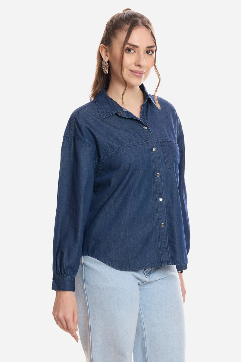 Virgio  Solid Cotton Double Placket Denim Shirt for Women for Women | Best Price UAE