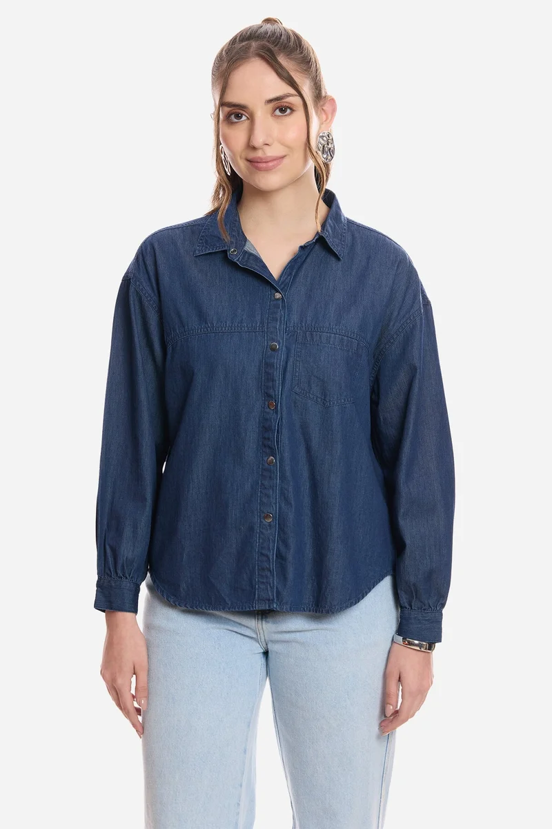 فيرجيو Solid Cotton Double Placket Denim Shirt for Women