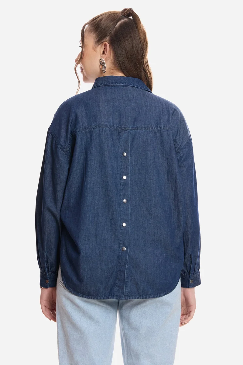 Virgio  Solid Cotton Double Placket Denim Shirt for Women for Women | Best Price UAE
