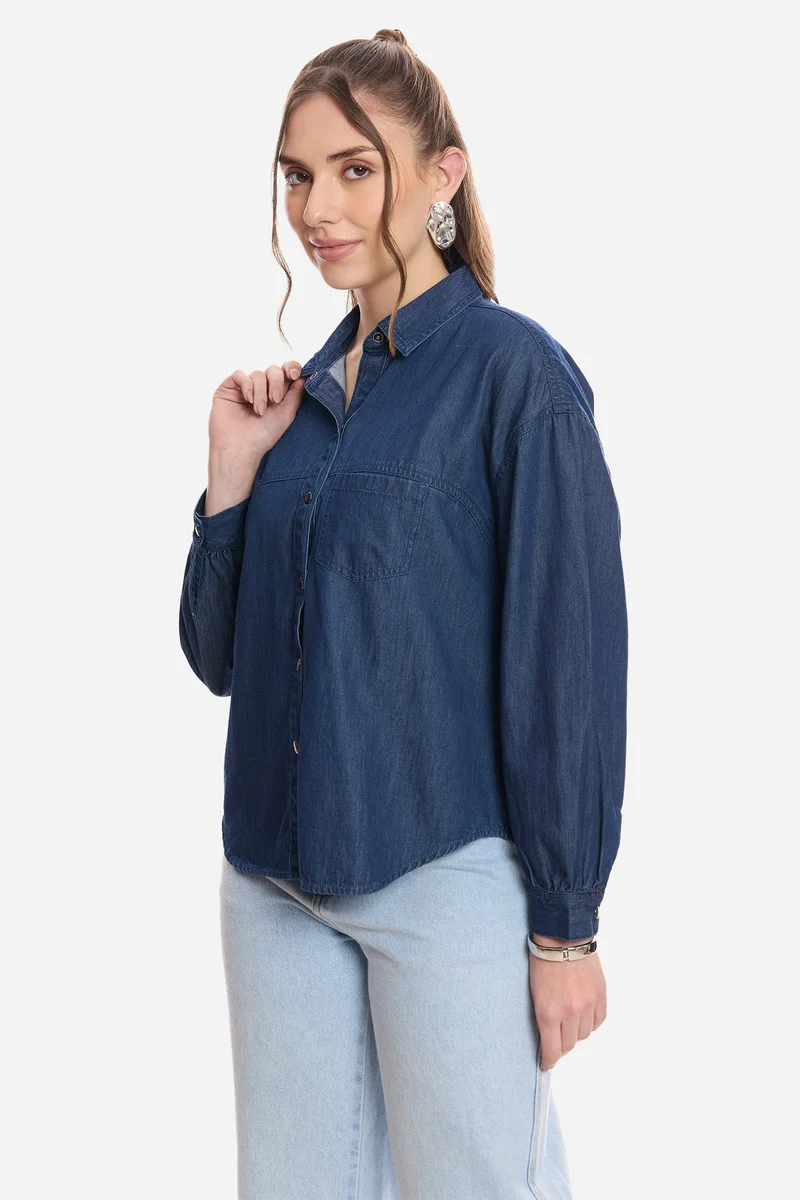 Virgio  Solid Cotton Double Placket Denim Shirt for Women for Women | Best Price UAE