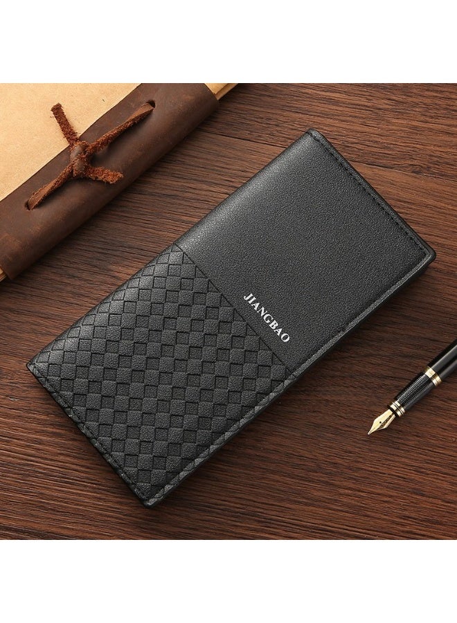 Men’s Long Wallet – Korean Style Woven Plaid PU Leather Wallet with RFID Blocking, Anti-Theft Slim Bifold Purse, Fashion Casual Clutch for Men