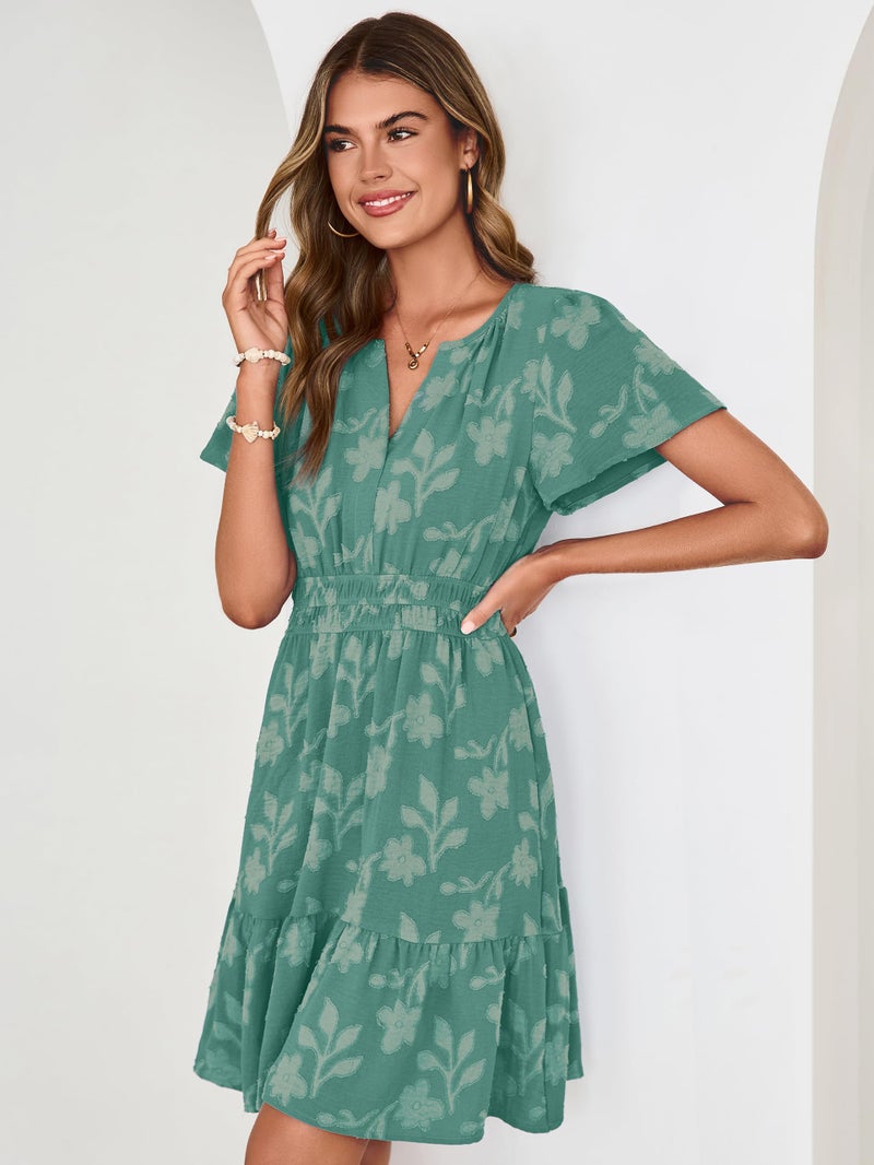 Simplee Womens Summer Floral Dress - Casual Short Sleeve V Neck Empire Waist Boho Flowy A Line Mini Wedding Guest Dresses,Teal M - Image 3