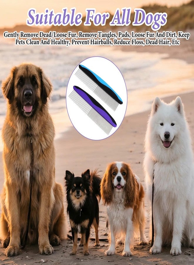 WJIAAA 2Pcs Dog Comb Cat Comb for Grooming, Stainless Steel Teeth and Rubber Non-Slip Handle for Removes Loose Undercoat Knots Mats Tangled Hair for Large, Medium, Small Dogs and Cats Purple+Blue - Image 4