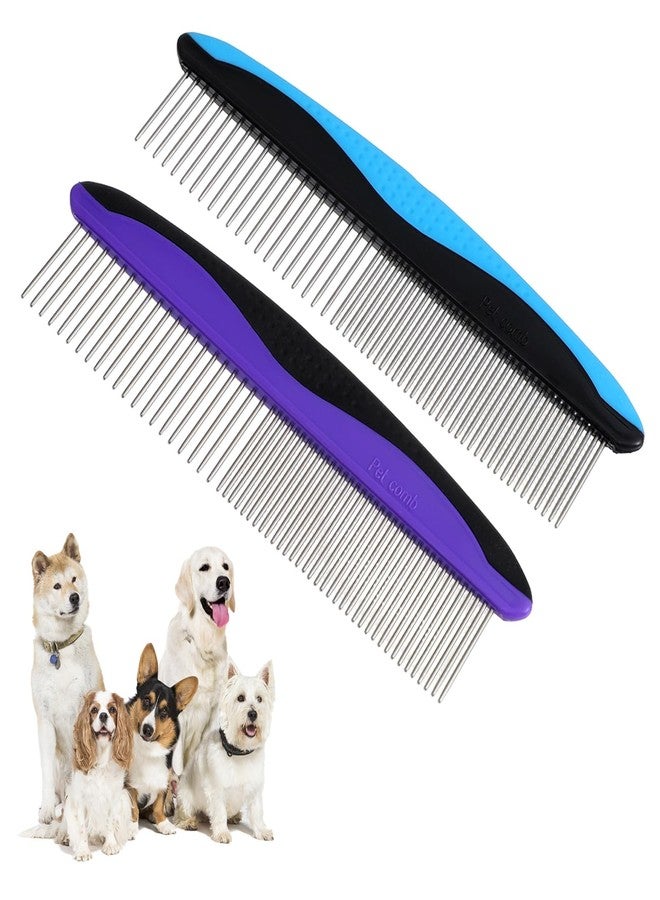 WJIAAA 2Pcs Dog Comb Cat Comb for Grooming, Stainless Steel Teeth and Rubber Non-Slip Handle for Removes Loose Undercoat Knots Mats Tangled Hair for Large, Medium, Small Dogs and Cats Purple+Blue - Image 1