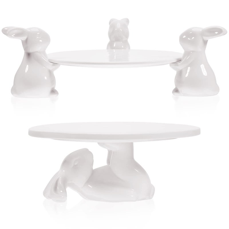 Eaasty 2 Set Bunny Cake Stand Ceramic Cupcake Stand Cute Bunny Cupcake Cake Holder Bunny Cake Plates Bunny Candy Dish Bunny Ceramic Dessert Tray for Party Serving Birthday Gift, White - Image 1