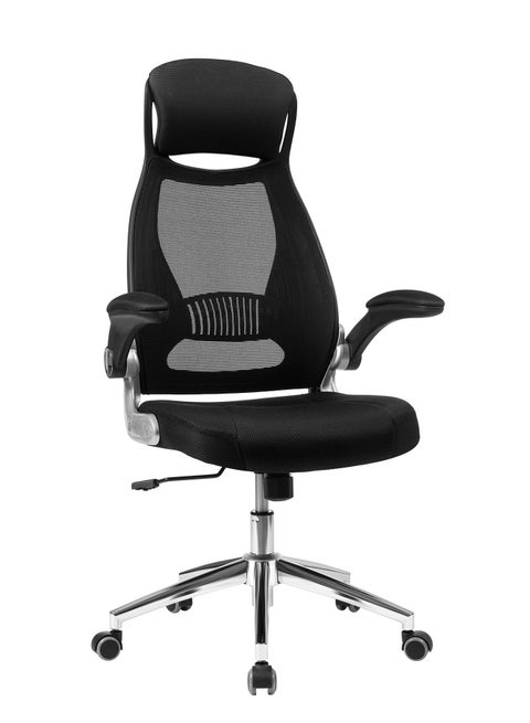 Office Swivel Chair Mesh Backrest With Headrest And Flip Up Armrests - Black