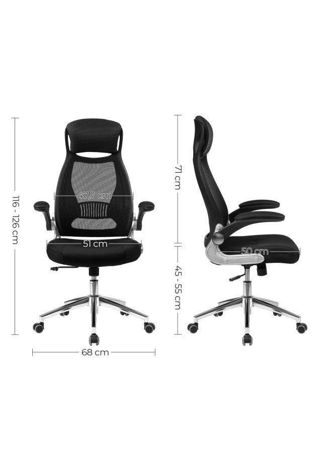 Office Swivel Chair Mesh Backrest With Headrest And Flip Up Armrests - Black