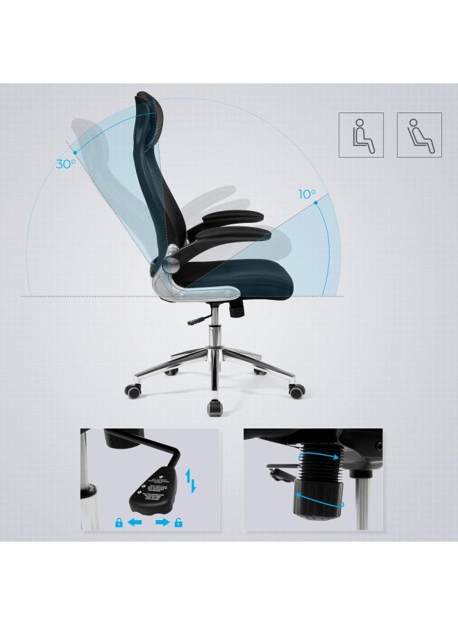 Office Swivel Chair Mesh Backrest With Headrest And Flip Up Armrests - Black
