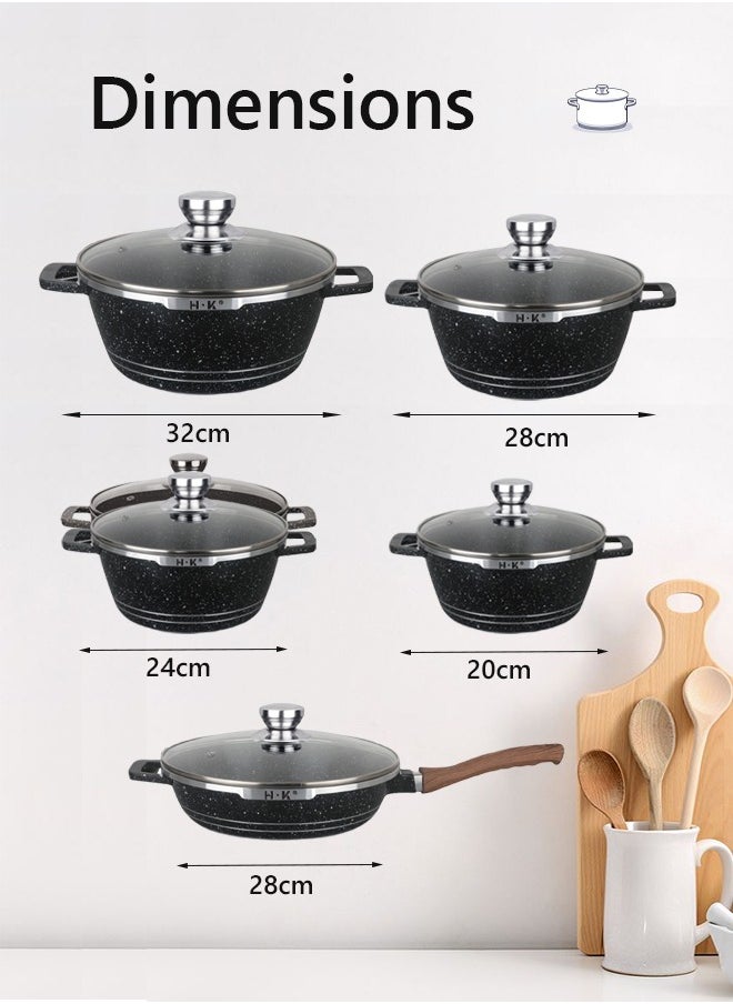 HK 16-piece kitchen cookware set, casserole set and frying pan, with non-stick cookware set, glass lid, PFOA-free  20-24-28-32cm Casserole + 28cm Frying pan + 6 Kichen item(Black）  - Image 5