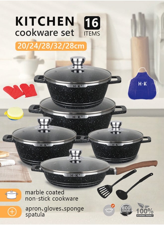 HK 16-piece kitchen cookware set, casserole set and frying pan, with non-stick cookware set, glass lid, PFOA-free  20-24-28-32cm Casserole + 28cm Frying pan + 6 Kichen item(Black）  - Image 1
