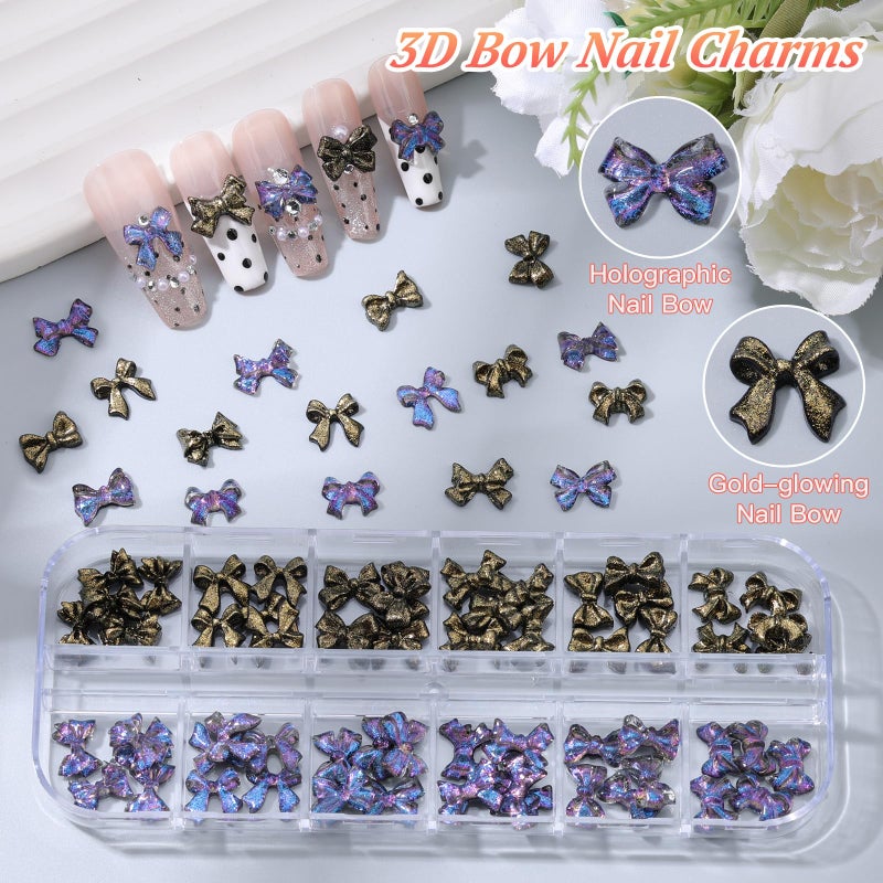 editTime 5 Boxes Black 3D Nail Charms Set, 24Pcs Y2k Alloy Nail Art Rhinestone Charms 3D Bow Flower Crown Heart Star with Tweezers and Dual-end Brush for Manicure Salon DIY Crafts,Face Makeup Gems Jewels - Image 2
