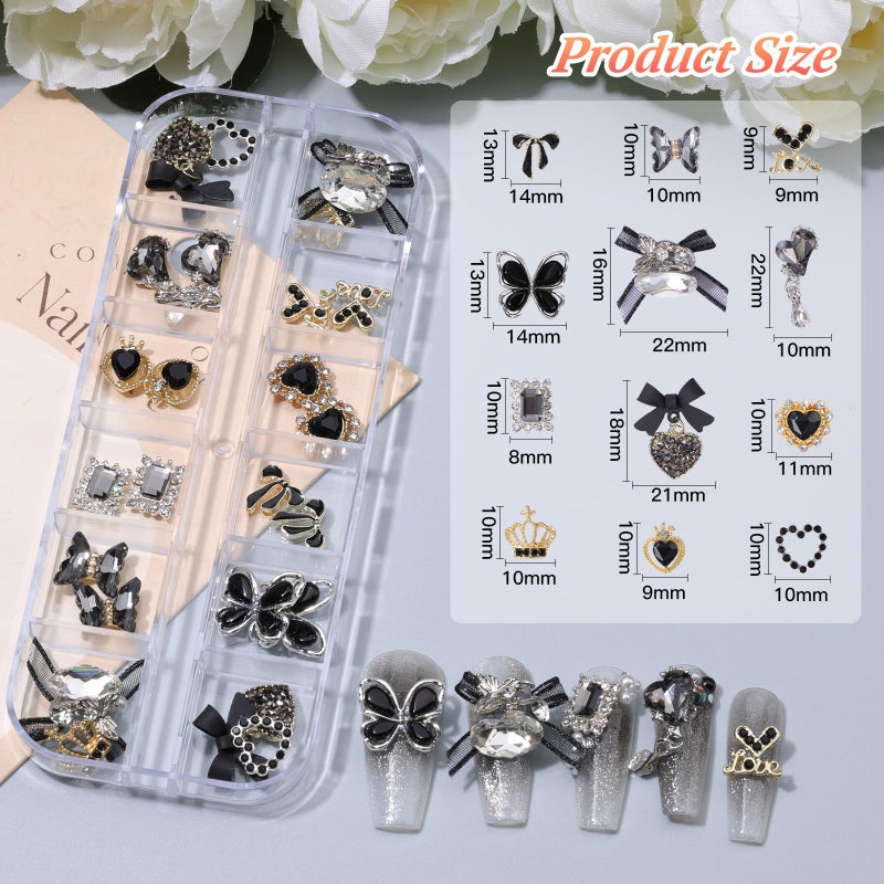editTime 5 Boxes Black 3D Nail Charms Set, 24Pcs Y2k Alloy Nail Art Rhinestone Charms 3D Bow Flower Crown Heart Star with Tweezers and Dual-end Brush for Manicure Salon DIY Crafts,Face Makeup Gems Jewels - Image 4