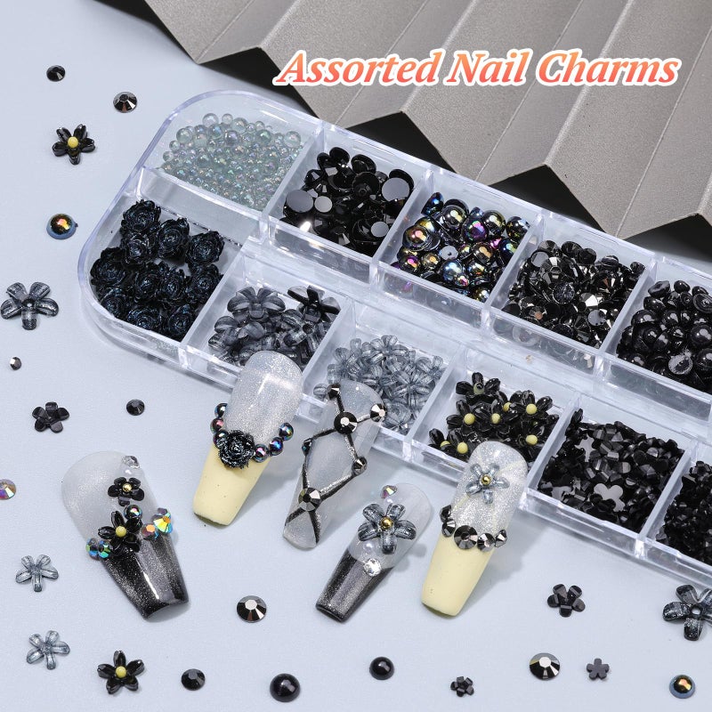editTime 5 Boxes Black 3D Nail Charms Set, 24Pcs Y2k Alloy Nail Art Rhinestone Charms 3D Bow Flower Crown Heart Star with Tweezers and Dual-end Brush for Manicure Salon DIY Crafts,Face Makeup Gems Jewels - Image 5