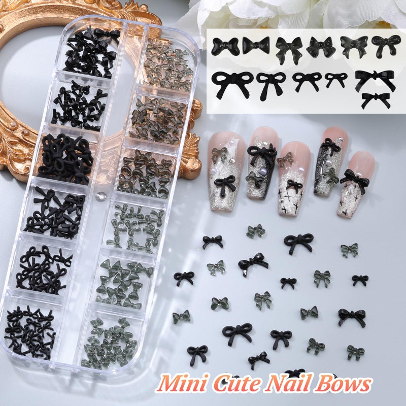 editTime 5 Boxes Black 3D Nail Charms Set, 24Pcs Y2k Alloy Nail Art Rhinestone Charms 3D Bow Flower Crown Heart Star with Tweezers and Dual-end Brush for Manicure Salon DIY Crafts,Face Makeup Gems Jewels - Image 3