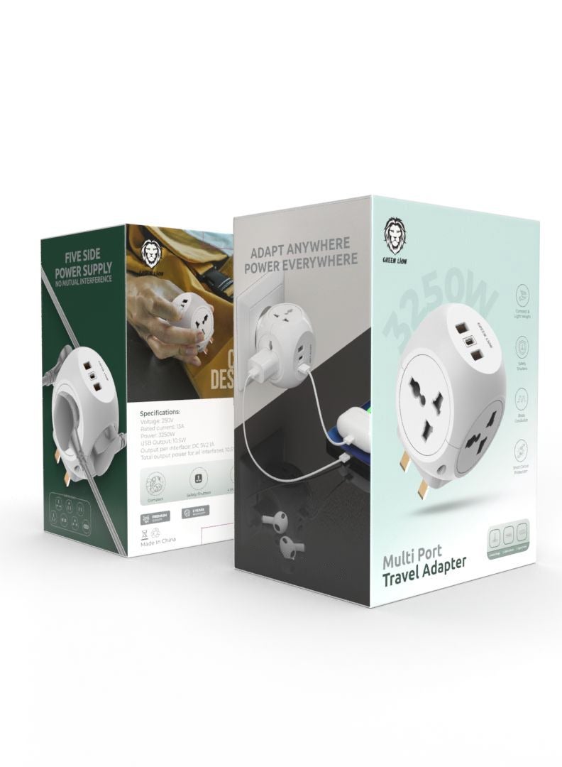 GREEN LION Multi Port Travel Adapter / Short Circuit Protection / Brass Conductor / Safety Shutters / Overheat Protection / Reverse Power Protection / High Voltage Protection / Compact & Lightweight - White  - Image 2