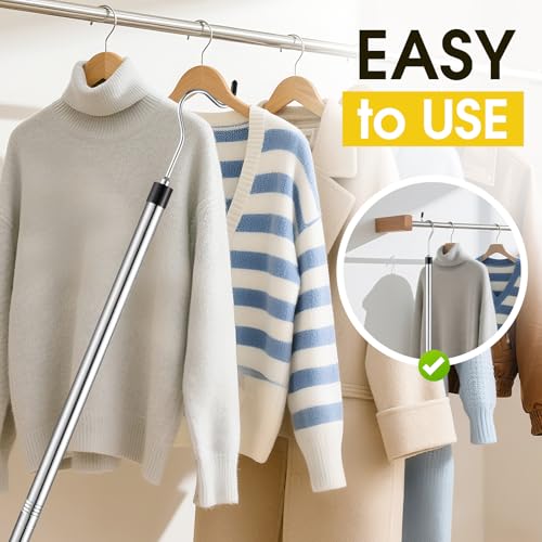 Kojcijs Clothes Hook Pole, Extendable from 35" to 50" Stainless Steel Closet Pole Reacher with S-Shaped Hook for Hanging Clothes, Plants, Lights - Image 3