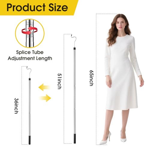 Kojcijs Clothes Hook Pole, Extendable from 35" to 50" Stainless Steel Closet Pole Reacher with S-Shaped Hook for Hanging Clothes, Plants, Lights - Image 2