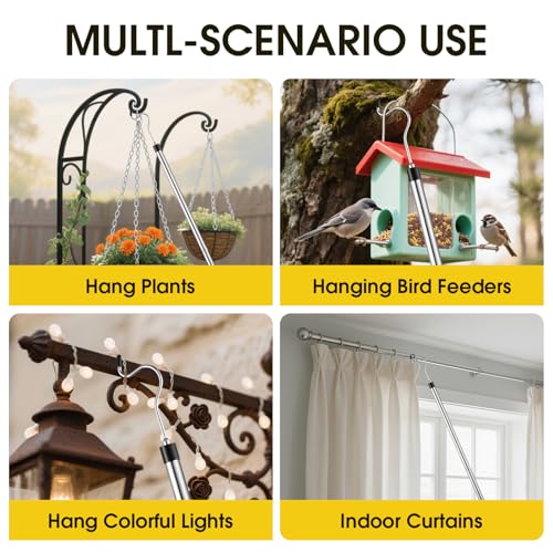 Kojcijs Clothes Hook Pole, Extendable from 35" to 50" Stainless Steel Closet Pole Reacher with S-Shaped Hook for Hanging Clothes, Plants, Lights - Image 4