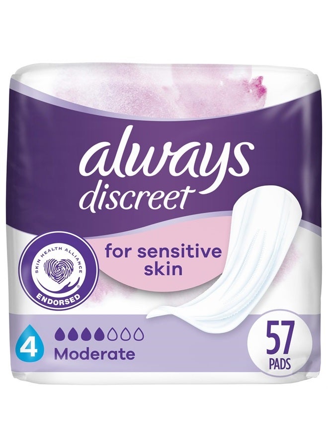 Always Discreet Incontinence Pads for Bladder Leaks Sensitive Skin Pads Moderate Absorbency, 57 Count (Packaging May Vary) - Image 1