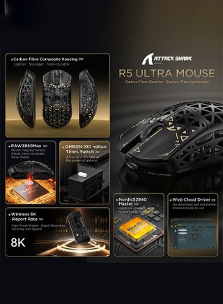 ماوس ألعاب لاسلكي R5Ultra 8K من ألياف الكربون بدقة 42000 نقطة في البوصة - مستشعر PAW3950 MAX - وزن خفيف للغاية 42 جرام - Nordic52840 - ماوس سلكي/بلوتوث/لاسلكي قابل للبرمجة بتردد 2.4 جيجاهرتز لأجهزة الكمبيوتر الشخصية/أجهزة ماك - view 3